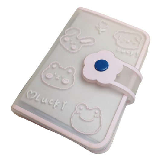 light baby pink card photo case with a kawaii cute bunny bear frog design with the word lucky written on it